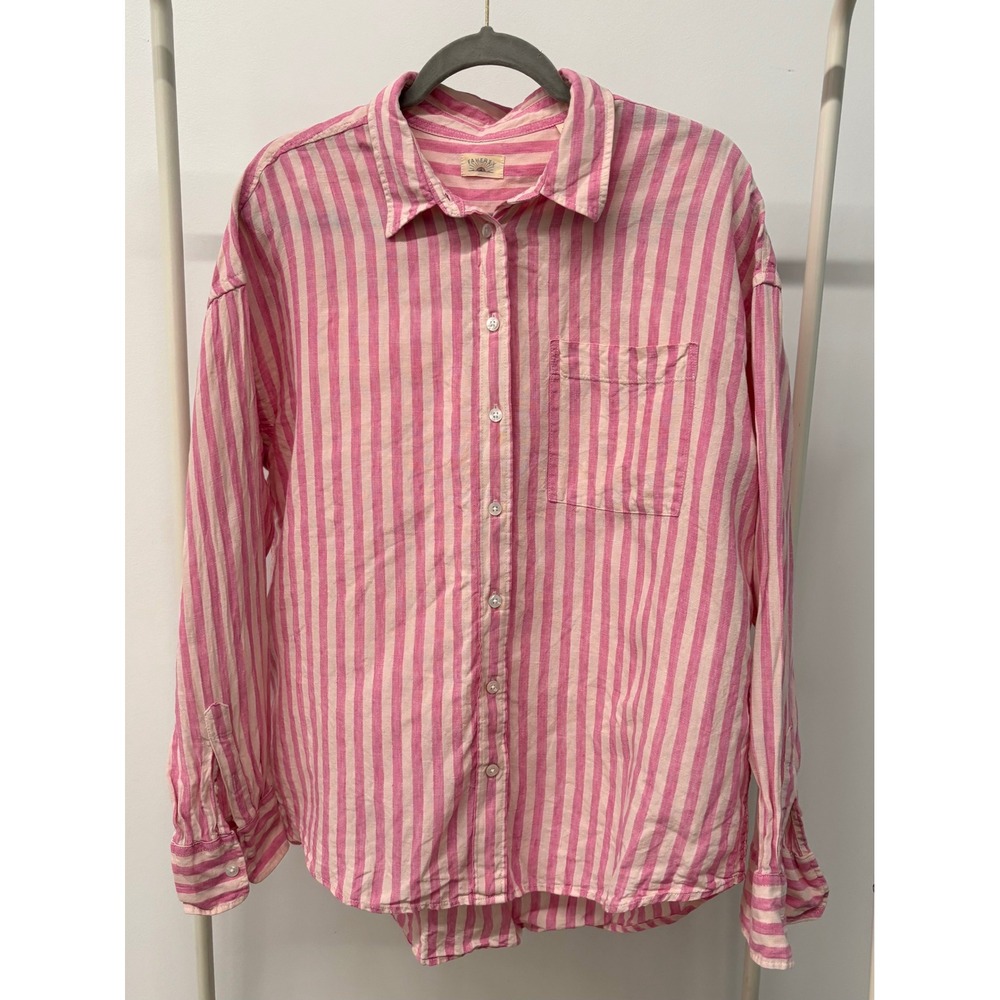 Faherty Pink Striped 100% Linen Button Down Shirt Long Sleeve Relaxed Fit Large